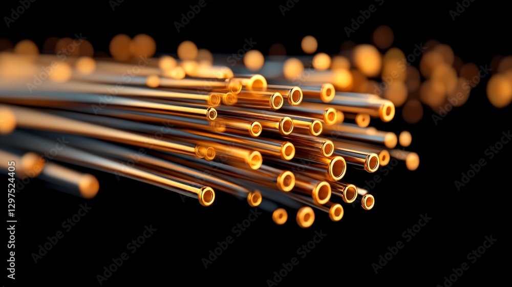 Poster close up of glowing fiber optic cables with golden light tips set against a dark background represen