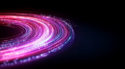 Obraz premium Glowing neon purple and pink digital wave forming a futuristic curved light trail symbolizing high speed data transfer and advanced technology innovation in a high quality abstract tech background