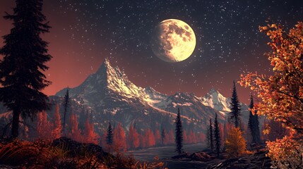 Fototapeta premium Autumnal Night Landscape with Full Moon and Snowy Mountains