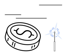 Dollar coin floating beside wind turbine with rotating blades. Ideal for green economy, sustainable investments, finance, eco-friendly solutions, renewable energy, environmental conservation