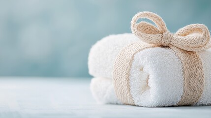 Spa towels gift, tied with bow, light blue background