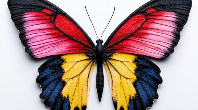 Colorful butterfly wings spread, white background, nature close-up, design element