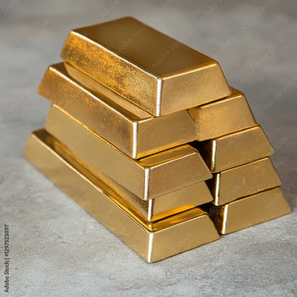 Poster stack of shiny gold bars on smooth matte surface background