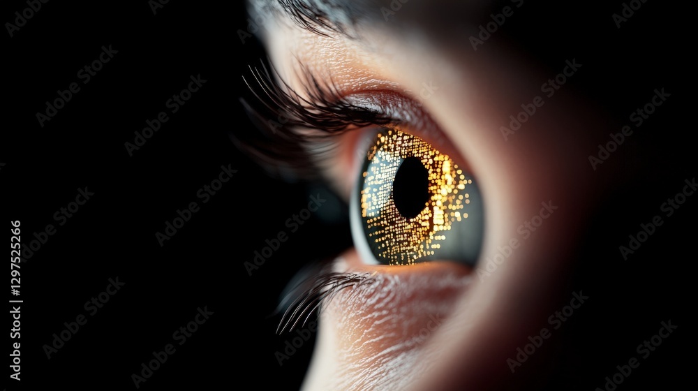 Poster close up of a human eye with golden cybernetic elements and intricate digital overlays representing 