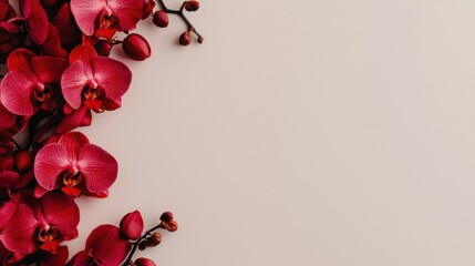 A vibrant display of red orchids against a soft, neutral background, creating an elegant and inviting floral arrangement. © Nayotsaphon