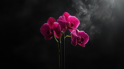 Obraz premium Three vibrant pink orchids stand gracefully against a dark background, illuminated by soft light, creating a serene and elegant atmosphere.
