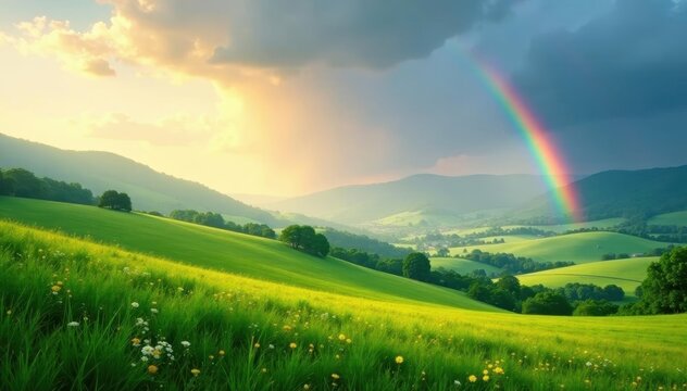 Serene rainbow arcing over rolling green hills, sunlit meadow , arc, hills, rural