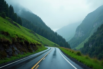 Fototapeta premium Serene Mountain Road After a Rainfall, Winding Through Lush Green Hills and Misty Peaks