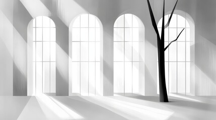 Fototapeta premium Minimalist black and white interior with large arched windows casting dramatic shadows and a lone tree silhouette creating artistic contrast in high resolution architectural concept