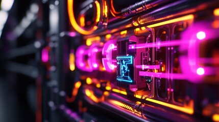 Futuristic neon circuit board with glowing elements and intricate design in a tech environment