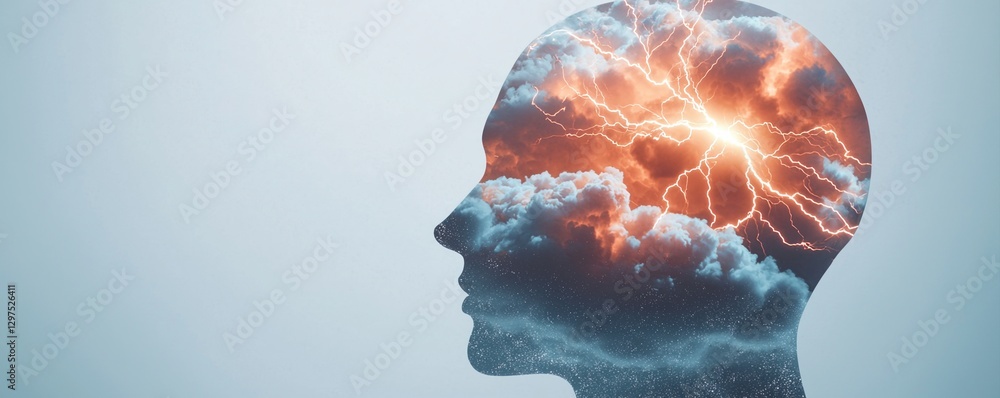 Poster mental health awareness concepts. conceptual image of a head with clouds and lightning inside.