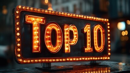 Illuminated Top 10 Sign in City at Night