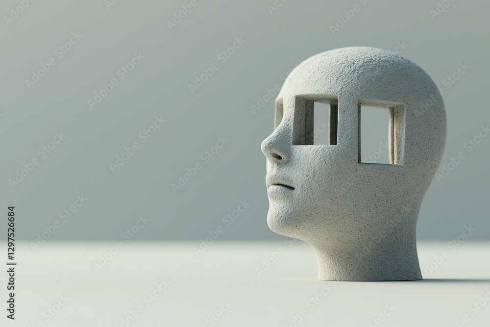 Poster mental health awareness concepts. abstract head sculpture with windows symbolizing introspection.