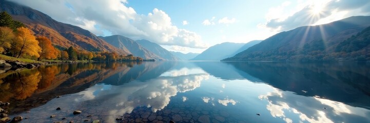 Obraz premium Wide angle view of Derwentwater Lake, Cumbria's stunning scenery , idyllic, landscape