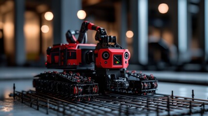 A red robotic machine on tracks in an industrial setting with blurred lights in the background