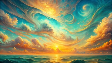 Whimsical Seascape A Dreamlike Sunset with Swirling Clouds and Serene Ocean Waves