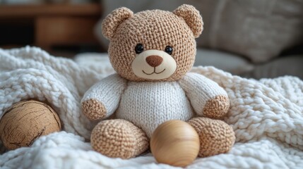 Fototapeta premium Knitted teddy bear on cozy blanket with wooden balls, home interior
