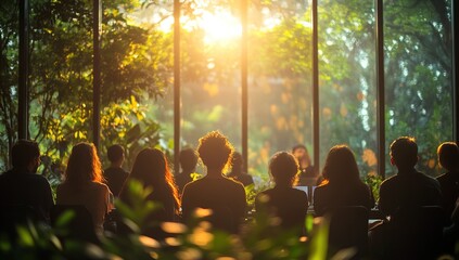 Silhouetted People at a Meeting Watching a Presentation Through a Window with Sunlight Streaming In