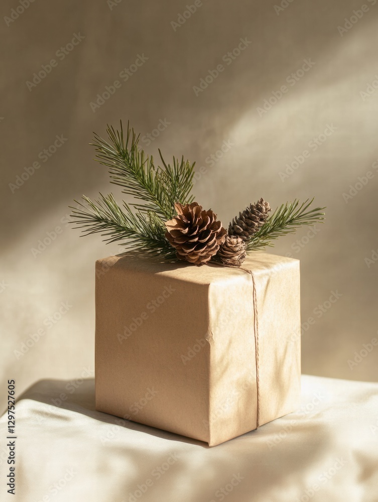 Fototapete Gift wrapped in simple brown paper with pinecones and greenery on a soft backdrop for a festive occasion. Generative AI