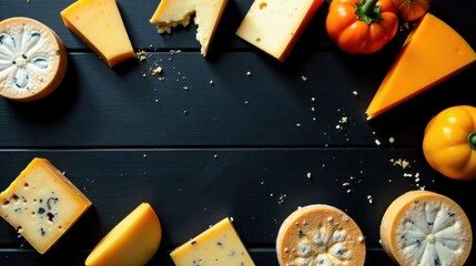 Aromatic Dairy Delights and Vibrant Orange Vegetables on a Dark Wooden Surface
