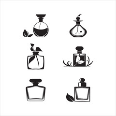 Cosmetic product bottle silhouette collection, perfume bottle in various shape isolated on white background 