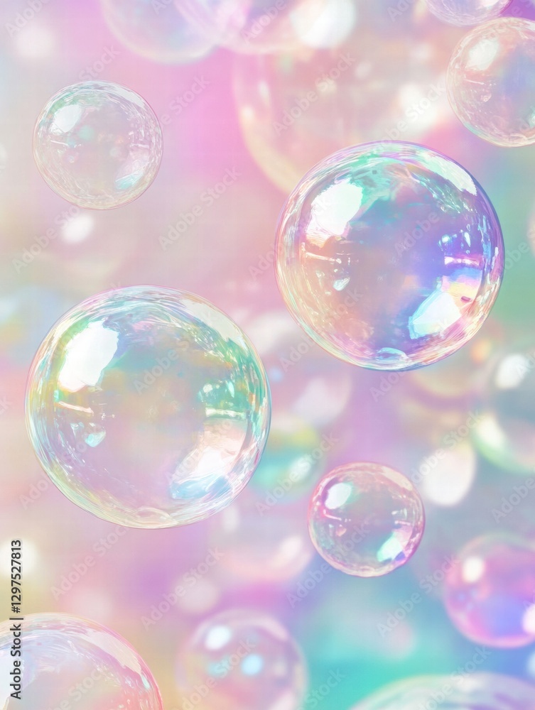 Poster Colorful soap bubbles create a vibrant and mesmerizing repeating pattern on a soft pastel background. Generative AI