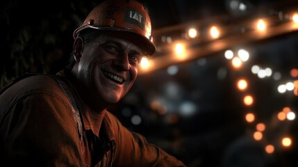 Fototapeta premium Smiling construction worker in an illuminated site, showcasing camaraderie and hard work