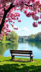 Naklejka premium Spring blossoms frame tranquil lake Balaton view; bench awaits , morning, serene, plants