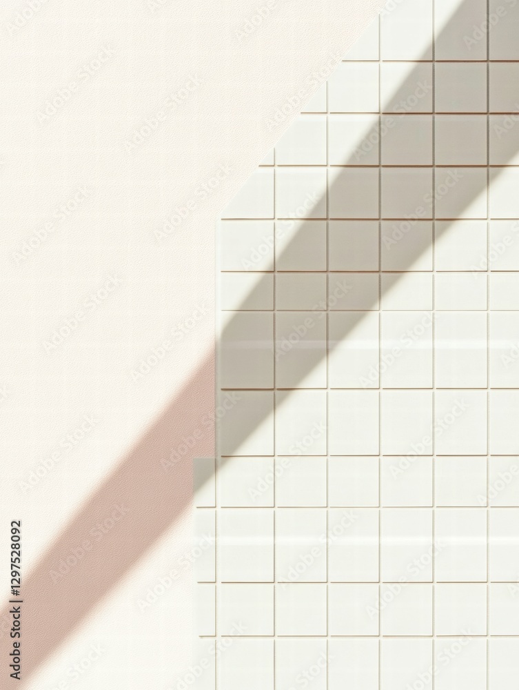 Poster Diagonal shadow cast on white tiled wall during midday light creates an intriguing visual pattern and texture. Generative AI