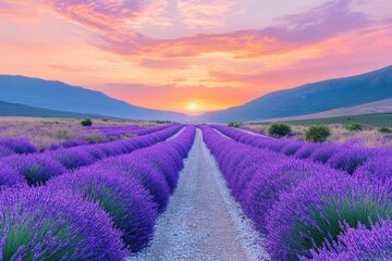 Obraz premium Lavender Fields at Sunrise: A Path Through Purple Blossoms and Majestic Mountains