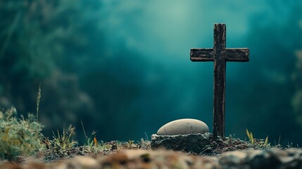 Wooden Cross on a Hillside in a Mystical Forest