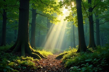 Obraz premium Sunbeams pierce dense forest canopy, dappled light on forest floor, woods, beam, maple