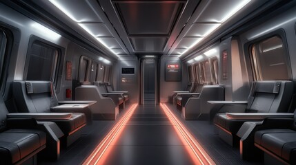 Futuristic Interior Design of a High-Tech Train Cabin with Sleek Seating and Neon Lighting Effects