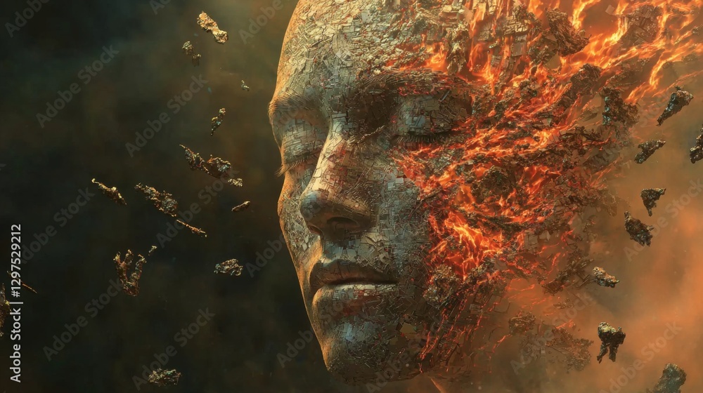 Poster abstract representation of a human face disintegrating into flames and rocks, symbolizing transforma
