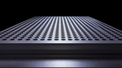 Close-up view of a metallic surface with evenly spaced perforations against a dark background