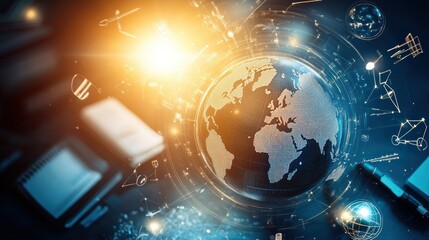 Global Digital Network Interface Showing Earth Model with Illuminated Data Points and Modern Technology Elements