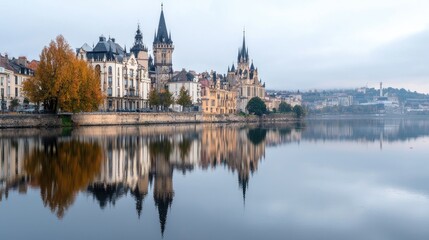 Fototapeta premium European city reflected in river at dawn