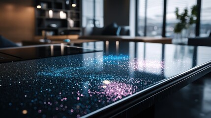 Modern kitchen with a sparkling countertop, showcasing vibrant colors and a cozy living space