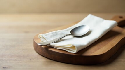 A simple, elegant scene of a polished spoon resting gently on a folded fabric napkin atop a rustic wooden board