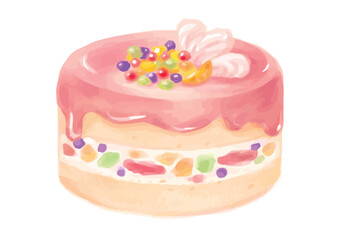 手描きのピンクのソースがかかった丸いケーキ