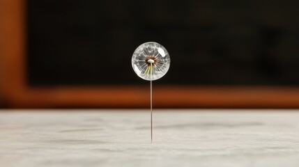 A clear glass orb with intricate details sits atop a thin pin, showcasing a unique blend of art and science in a minimalist setting.