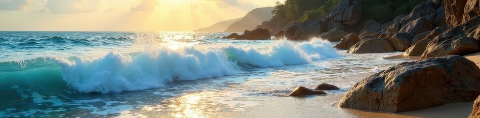 Obraz premium Sun-drenched textured rocks emerge from Bali's sea waves , waves, brown