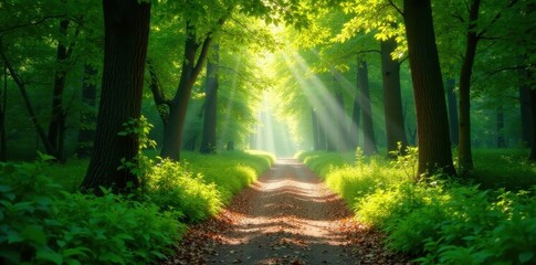 Sun-dappled path winds through lush green forest, sunlight filtering through leaves , environment, mystical