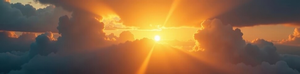 Fototapeta premium Sun rays burst through dramatic cloudscape, vibrant gold light , sun, majestic, dramatic