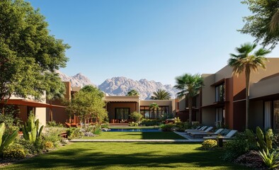 Desert resort courtyard, poolside view, mountain backdrop
