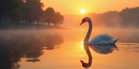 Naklejka premium Swan's silhouette and reflection, blurred sunrise, hazy horizon , evening, water, sunset
