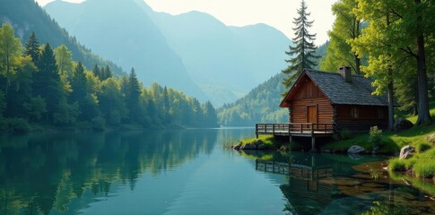 Obraz premium Small wooden cabin on still lake, sun dappled trees , solitude, forest, rural