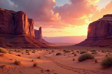 Golden Hour Serenity A Breathtaking Sunset over Ancient Sandstone Formations in a Desert Landscape