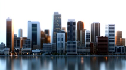 Fototapeta premium Modern city skyline at sunset with reflective water and vibrant lights in the background