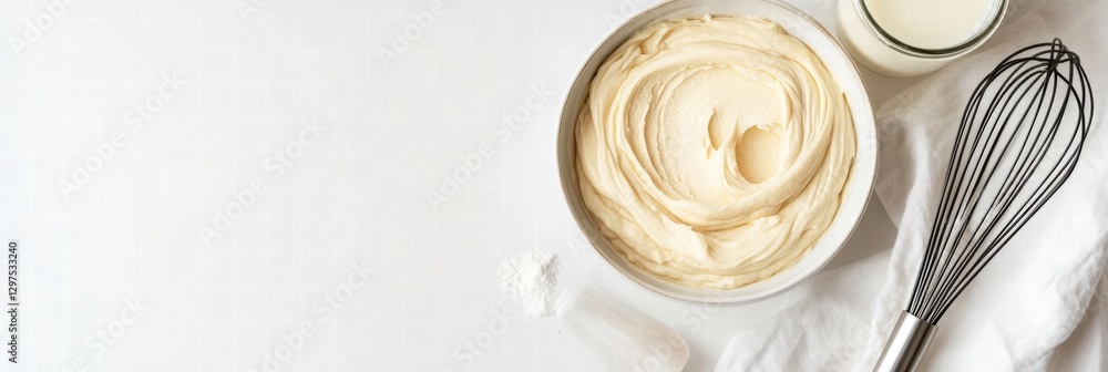 Poster Creamy butter mixture prepared for baking with a whisk and milk on a clean countertop. Generative AI